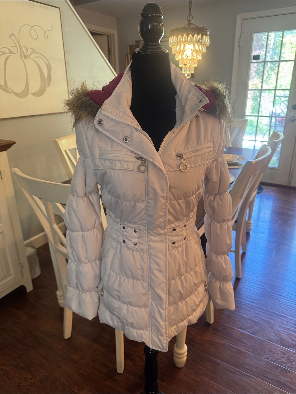 Dollhouse Light Pink Quilted Puffer Coat with Faux Fur Trim